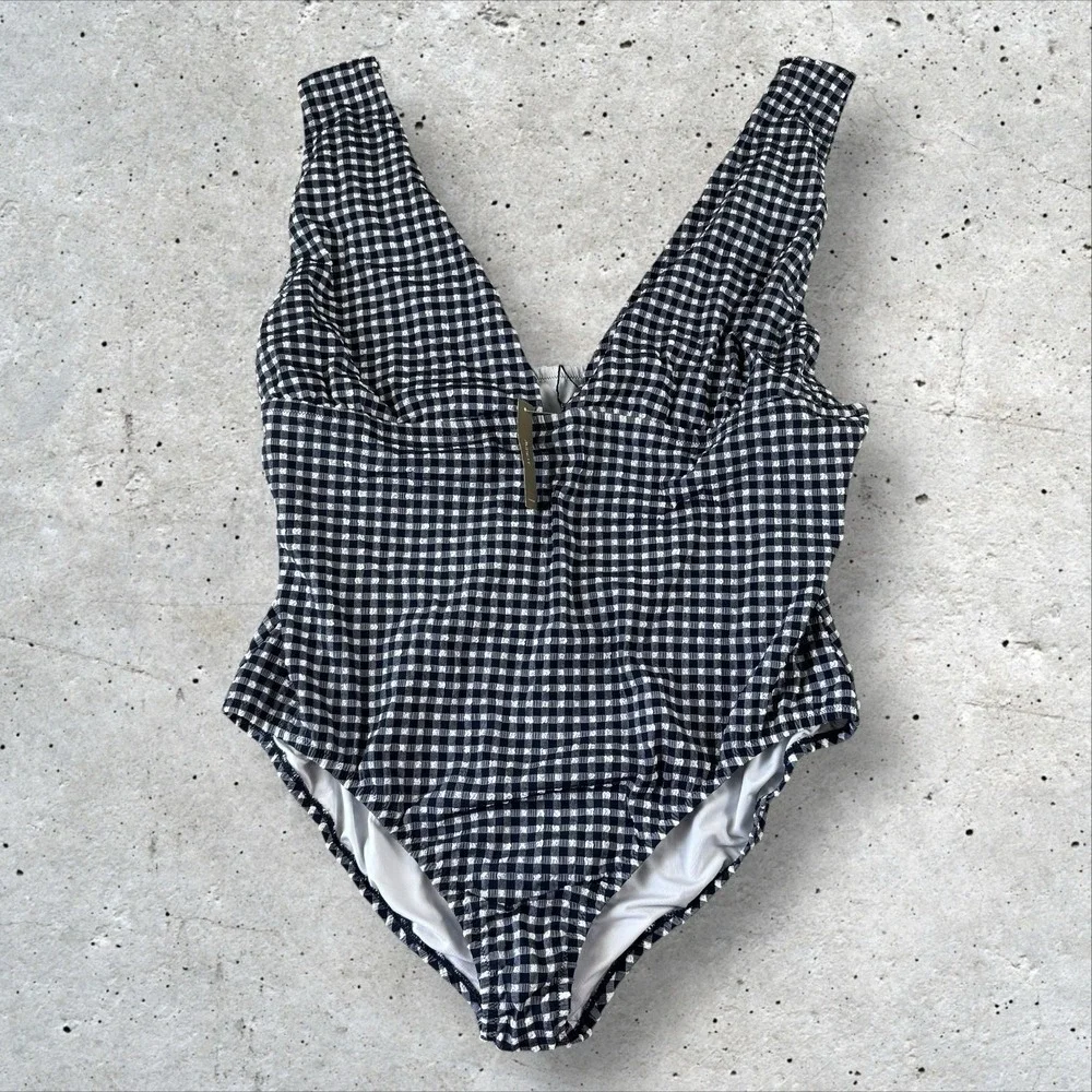J.Crew Womens V-Neck‎ One-Piece Swimsuit Navy Gingham Size 24 BE747 NWT